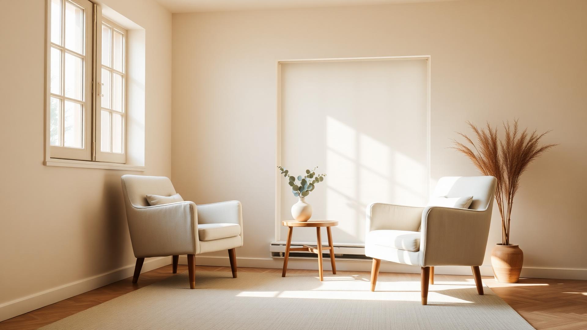 Dos sillones de lino frente a frente junto a una ventana con luz cálida