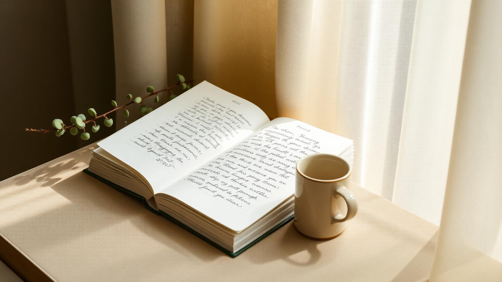Cuaderno de trabajo abierto con notas junto a una taza, con luz natural