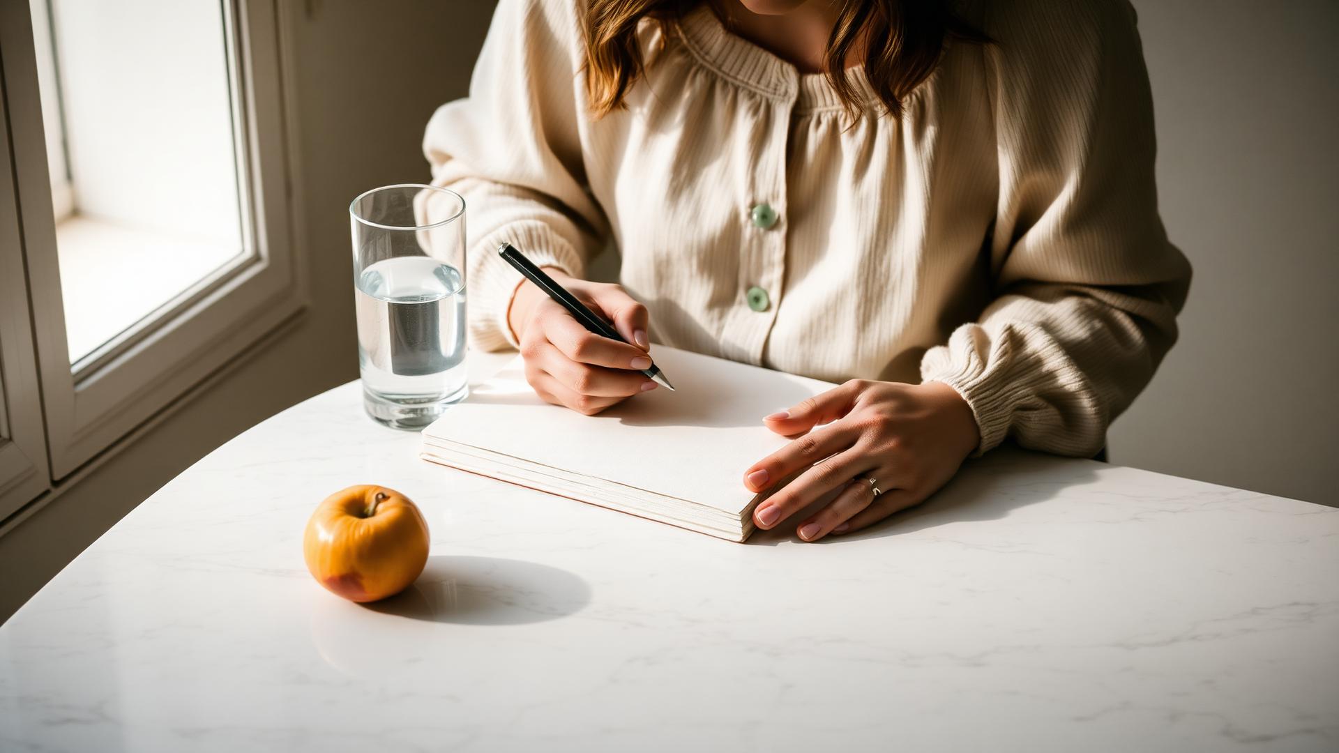 Mujer escribiendo en un cuaderno junto a un vaso de agua y fruta fresca