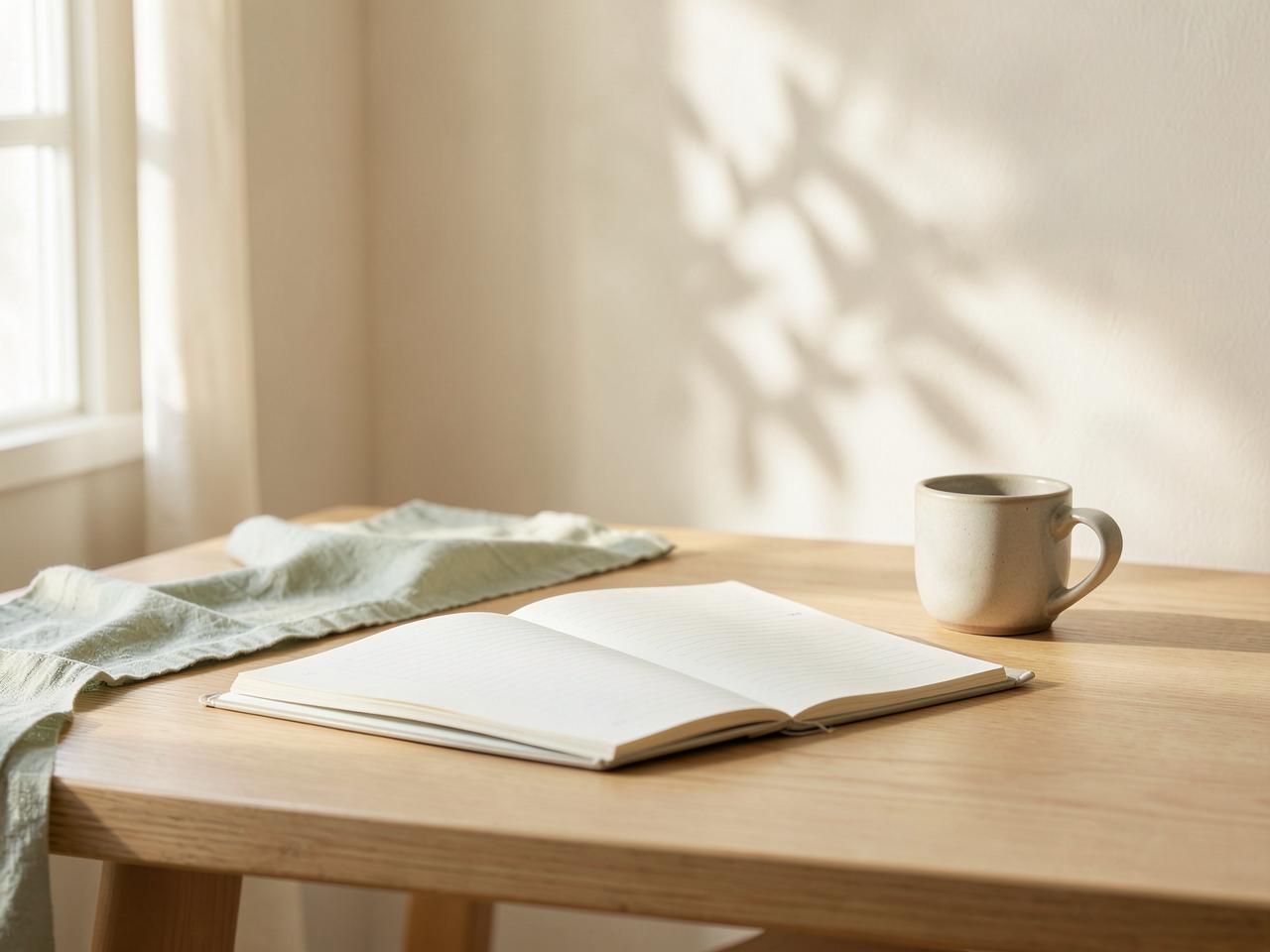 Interior doméstico en calma con un cuaderno abierto y luz natural