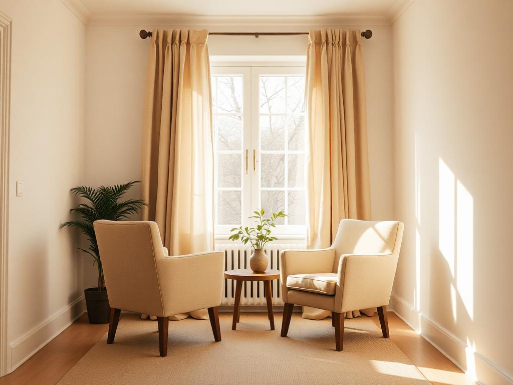 Dos sillones frente a frente junto a una ventana con luz cálida