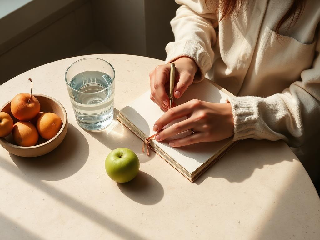 Mujer escribiendo en un cuaderno junto a un vaso de agua y fruta fresca